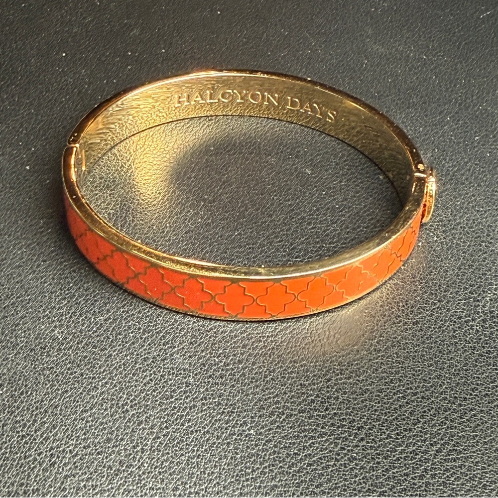 Halcyon Days Agama Enamel Hinged Button Orange & Gold Bangle Bracelet 6 3/4"